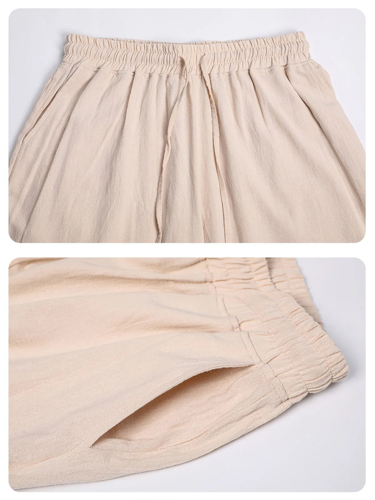Solid Color Cotton And Linen Three-Quarter Elastic Waist Shorts