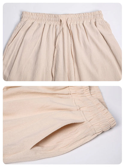 Solid Color Cotton And Linen Three-Quarter Elastic Waist Shorts