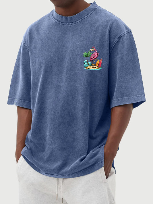 Vintage Washed Hawaiian Flamingo Print Short Sleeve T-Shirt