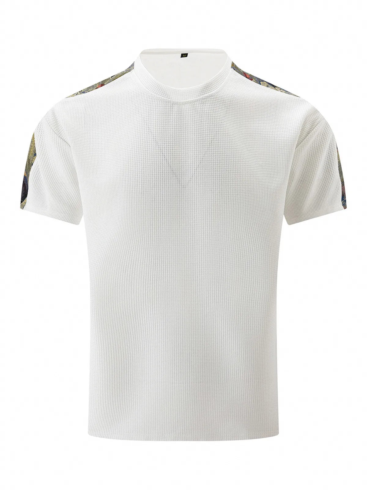 Solid Color Waffle Round Neck Patchwork Short Sleeve T-Shirt