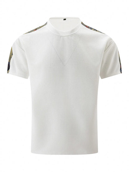 Solid Color Waffle Round Neck Patchwork Short Sleeve T-Shirt