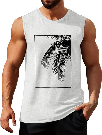 Hawaiian Solid Color Palm Leaf Print Sleeveless Tank Top