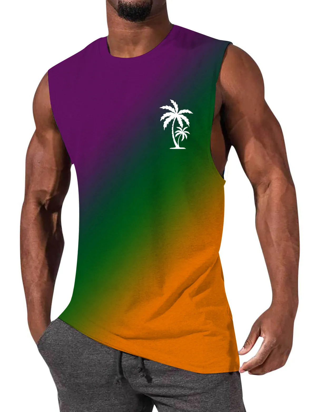 Gradient Color Palm Tree Hawaiian Print Sleeveless T-Shirt