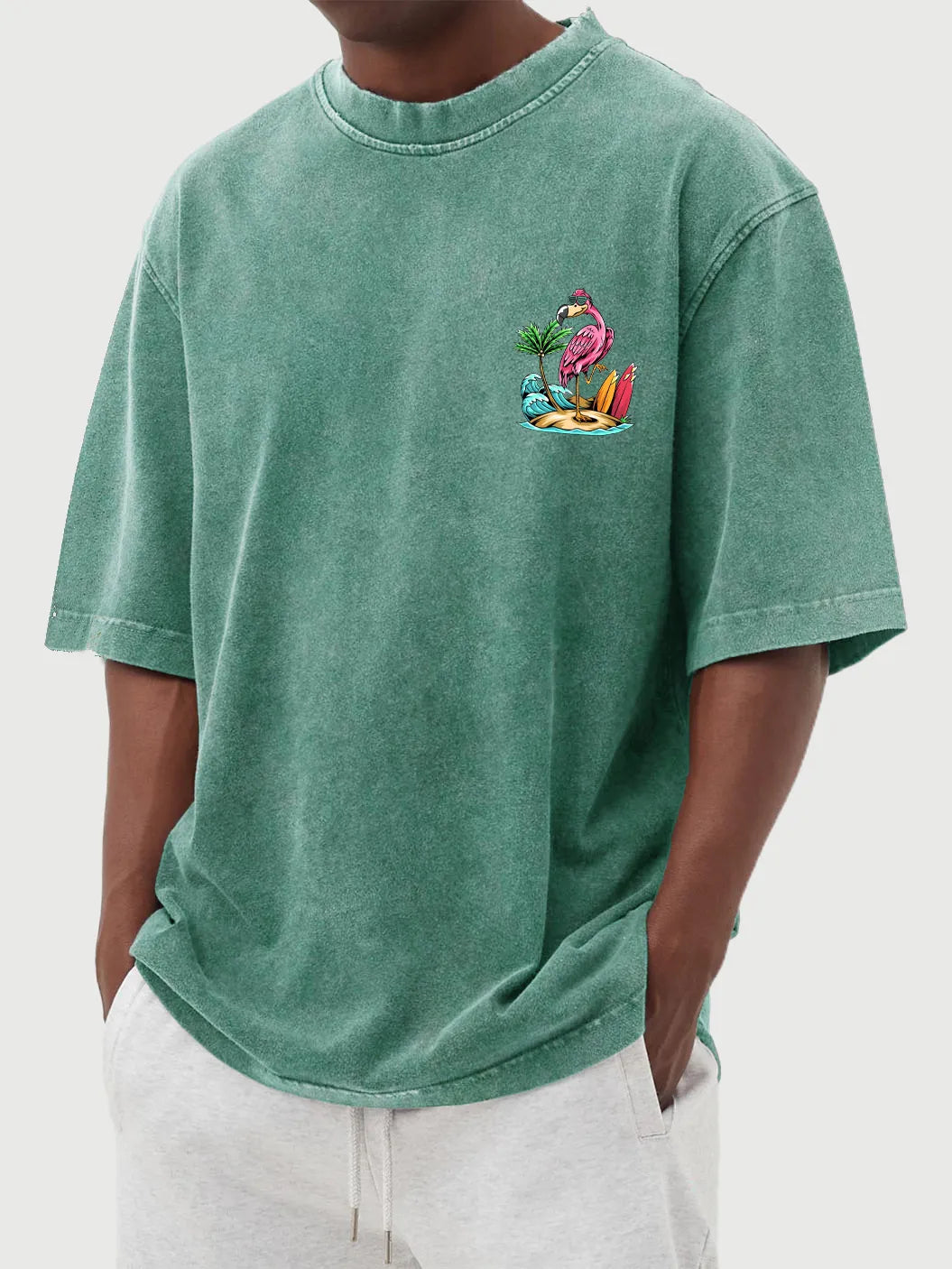 Vintage Washed Hawaiian Flamingo Print Short Sleeve T-Shirt