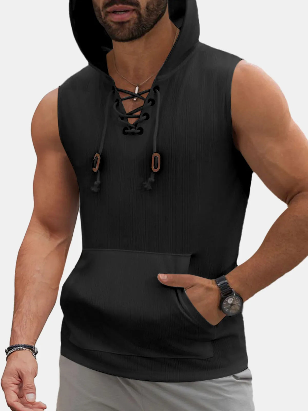 Solid Color Jacquard Hooded Sleeveless T-Shirt