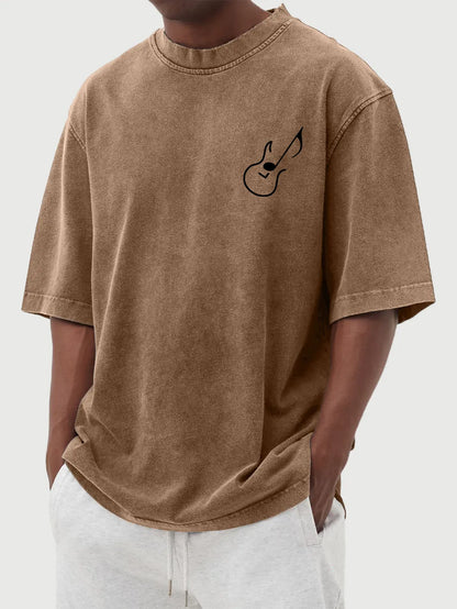 Vintage Washed Guitar Note Print Short Sleeve T-Shirt
