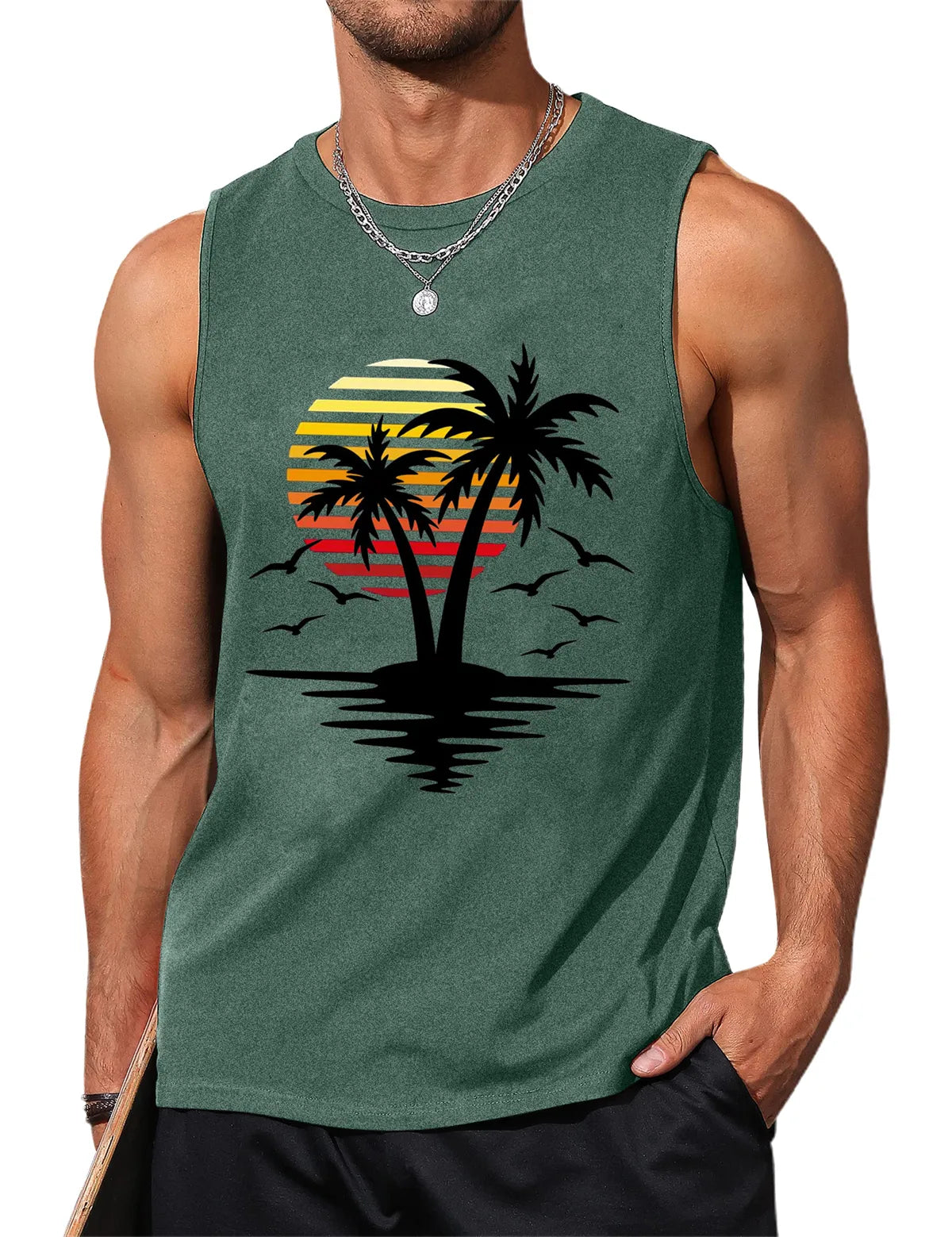 Palm Tree Sleeveless Muscle Tank Top