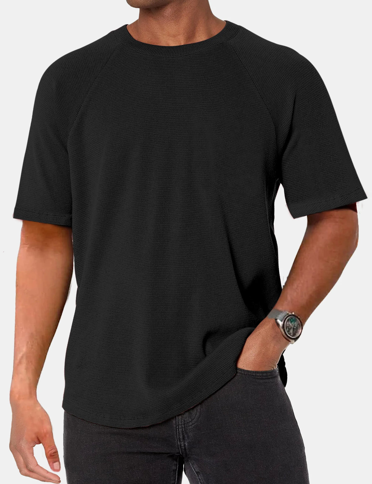 Solid Color Waffle Raglan Short Sleeve T-Shirt