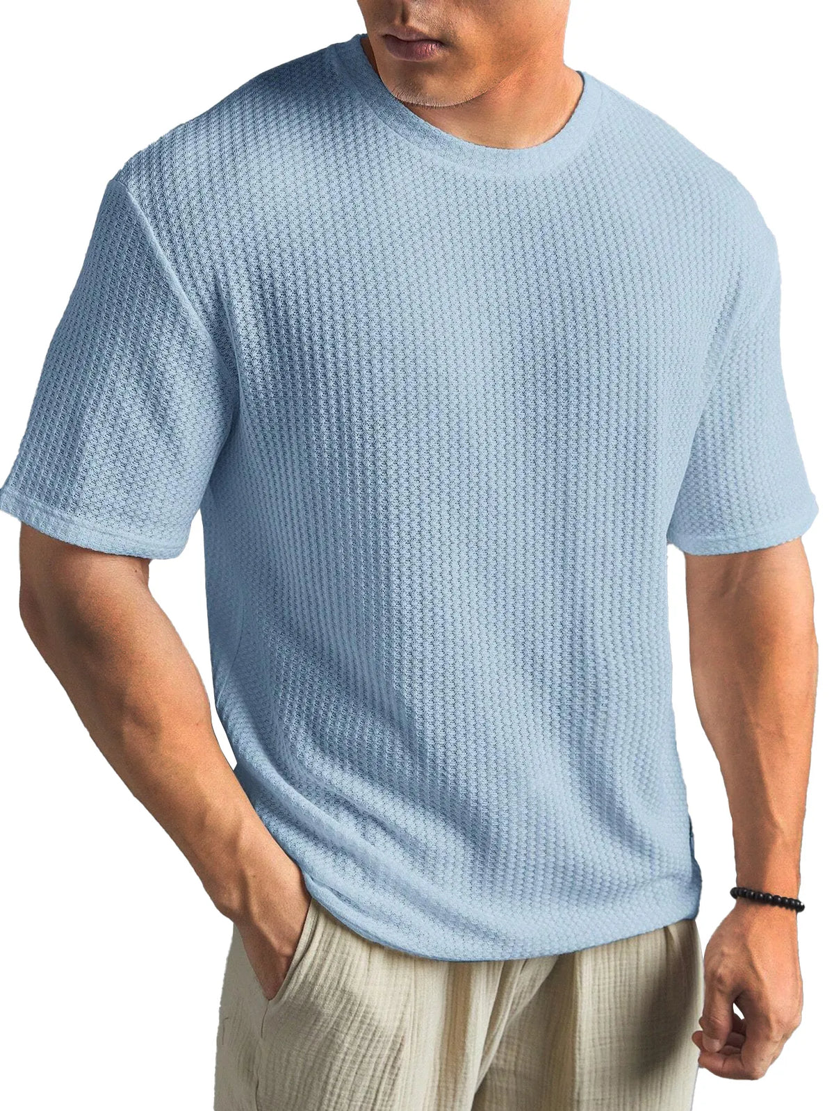 Waffle Fabric Round Neck Short Sleeve Layering T-Shirt