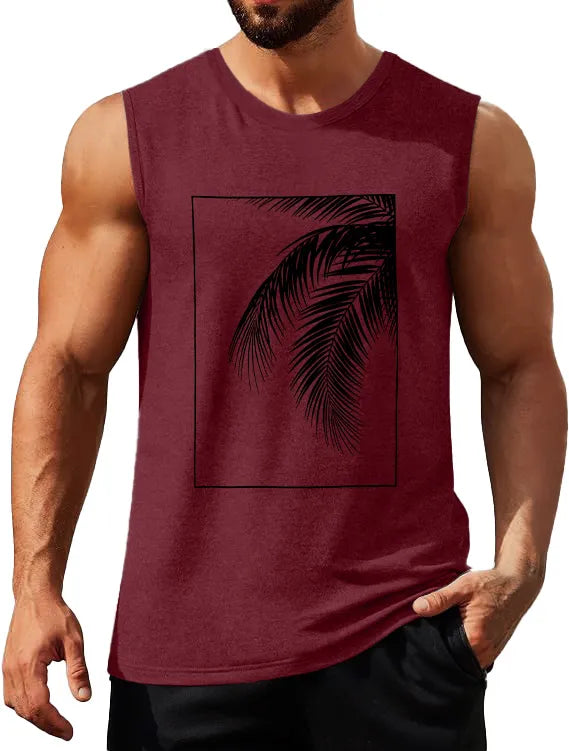 Hawaiian Solid Color Palm Leaf Print Sleeveless Tank Top
