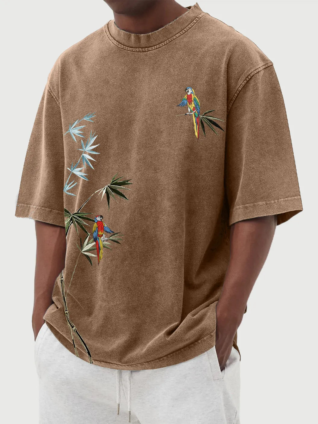 Hawaiian Bamboo Leaf And Parrot Print Short Sleeve T-Shirt