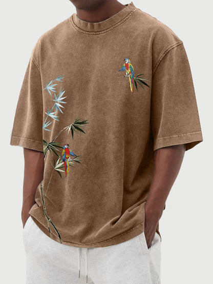 Hawaiian Bamboo Leaf And Parrot Print Short Sleeve T-Shirt