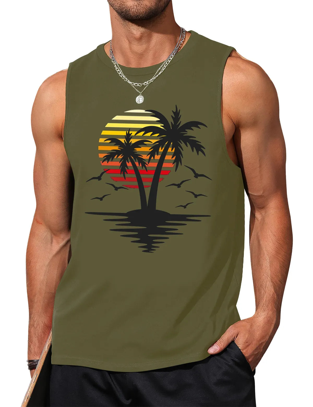 Palm Tree Sleeveless Muscle Tank Top