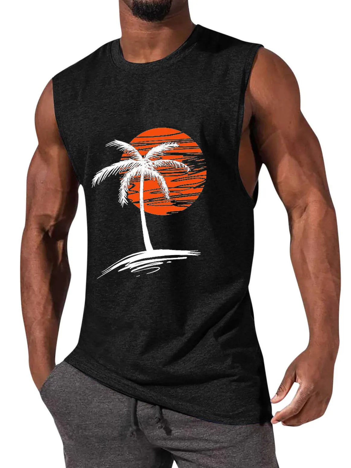 Solid Color Hawaiian Coconut Sleeveless Print T-Shirt