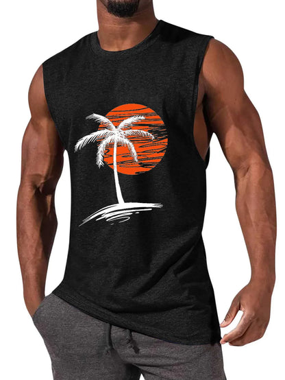 Solid Color Hawaiian Coconut Sleeveless Print T-Shirt