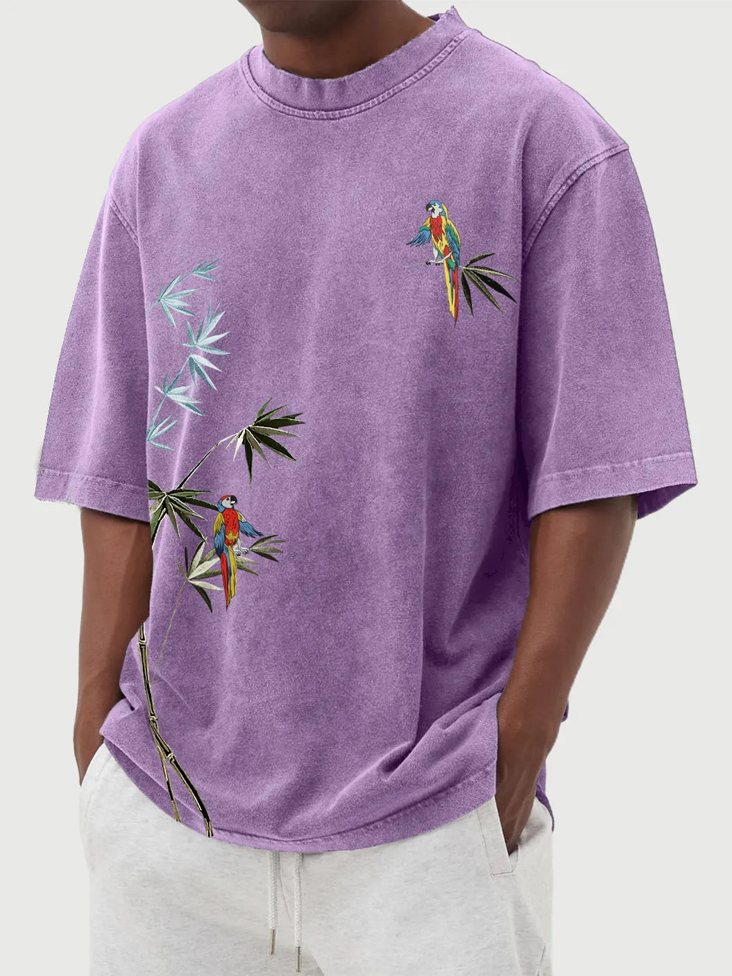 Hawaiian Bamboo Leaf And Parrot Print Short Sleeve T-Shirt