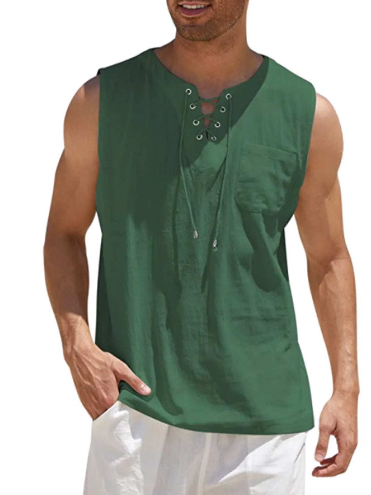 Lace-Up Cotton Linen Short Sleeve T-Shirt