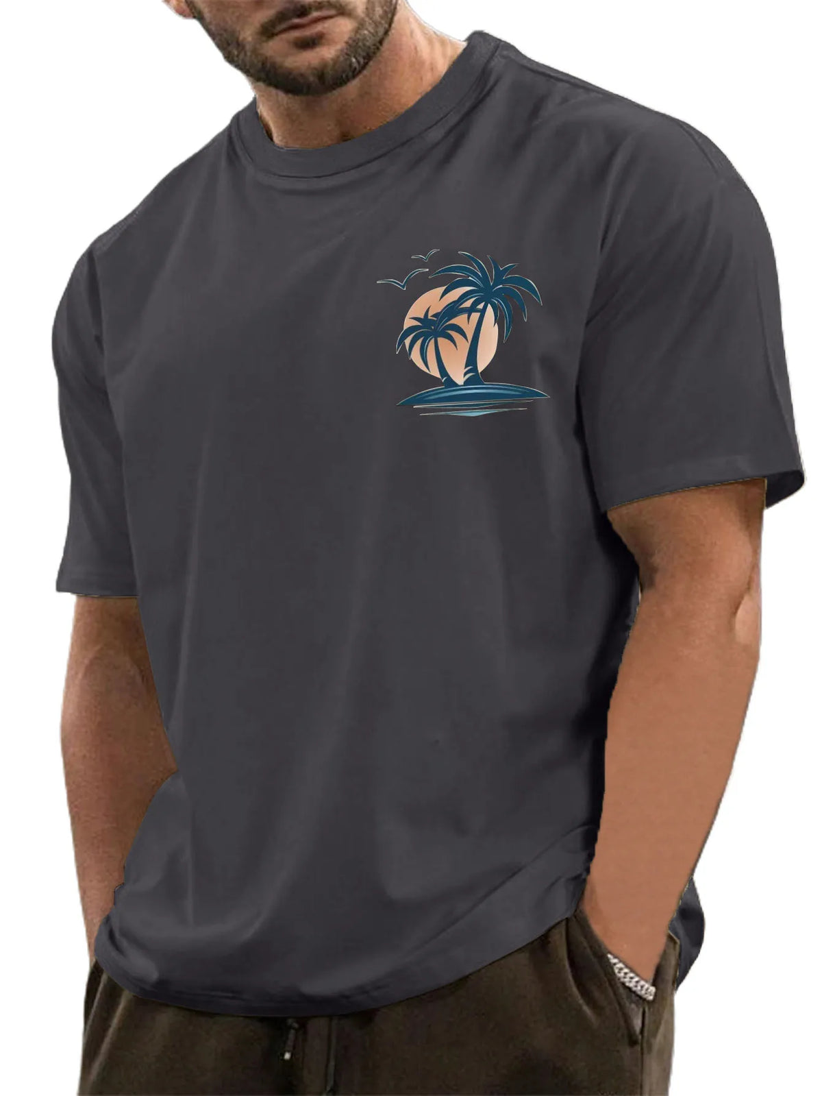 Pure Cotton Palm Tree Print Short Sleeve T-Shirt