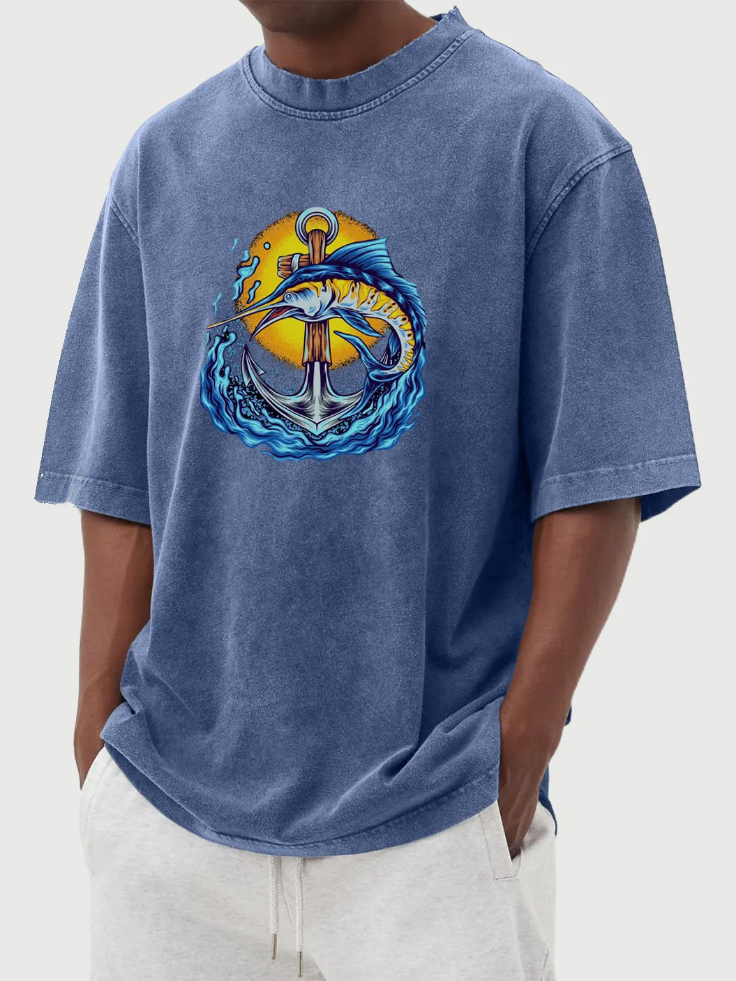 Vintage Washed Anchor & Fish Print T-Shirt