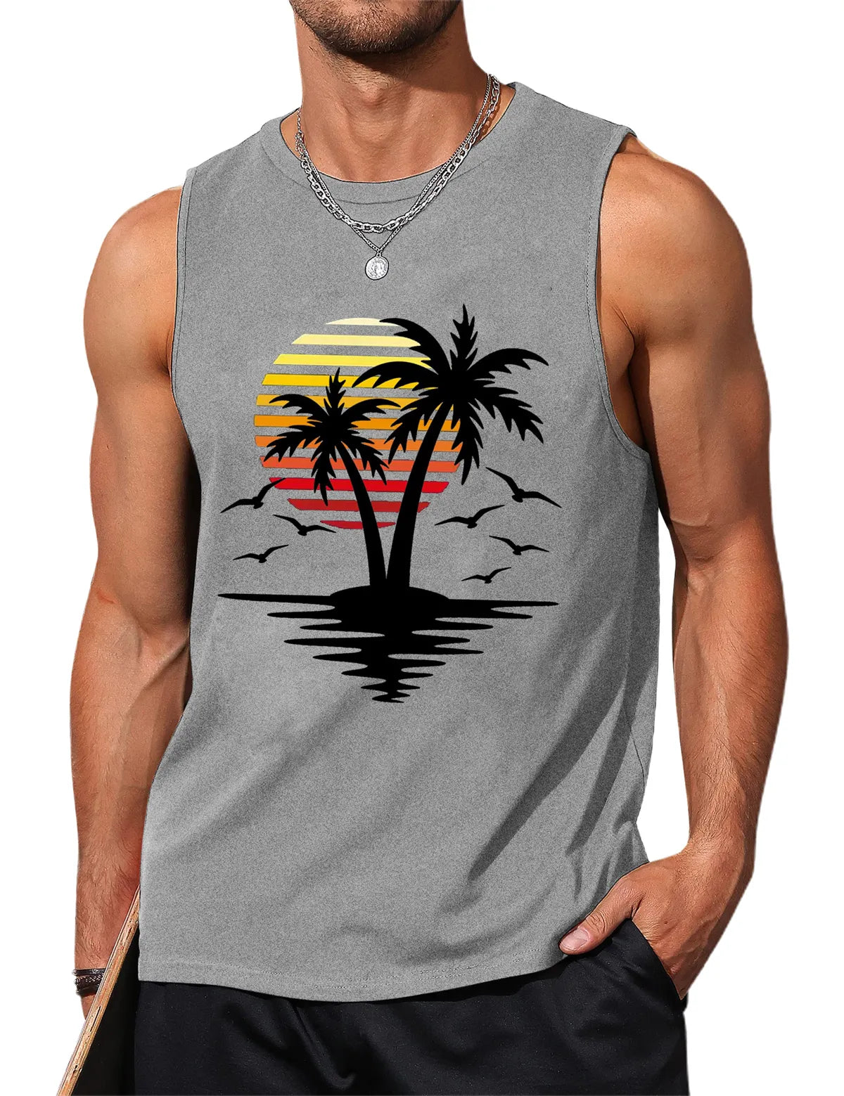 Palm Tree Sleeveless Muscle Tank Top