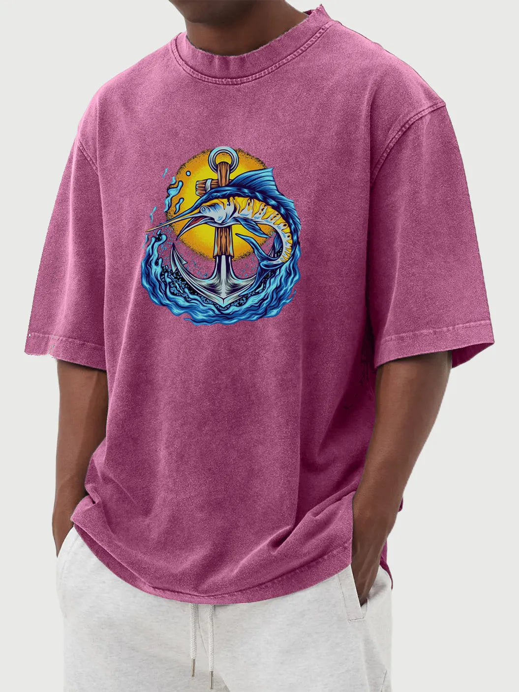 Vintage Washed Anchor & Fish Print T-Shirt