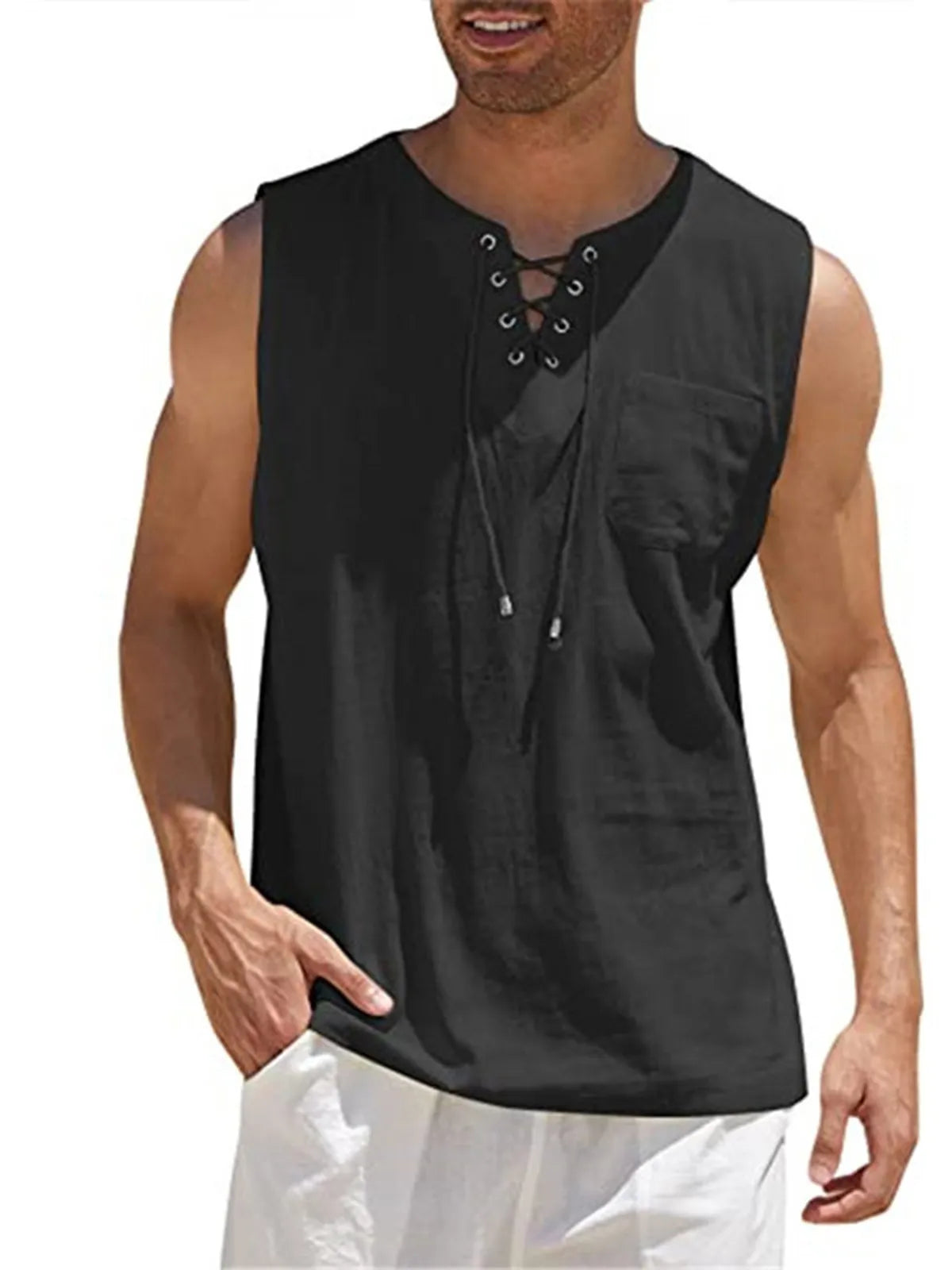 Lace-Up Cotton Linen Short Sleeve T-Shirt