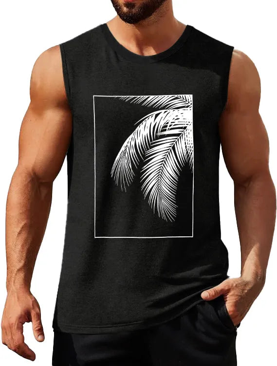 Hawaiian Solid Color Palm Leaf Print Sleeveless Tank Top