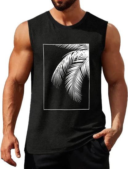 Hawaiian Solid Color Palm Leaf Print Sleeveless Tank Top