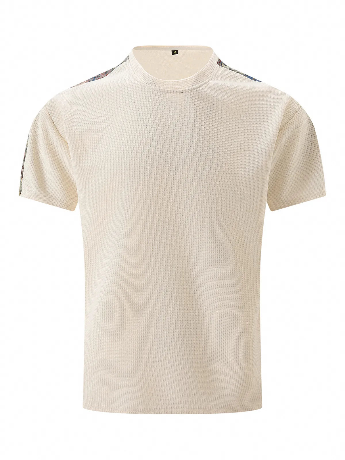 Solid Color Waffle Round Neck Patchwork Short Sleeve T-Shirt