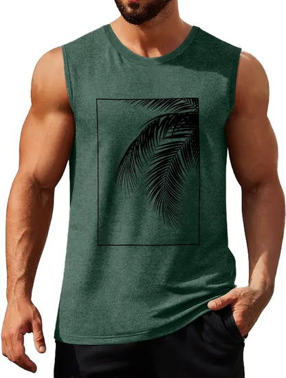 Hawaiian Solid Color Palm Leaf Print Sleeveless Tank Top