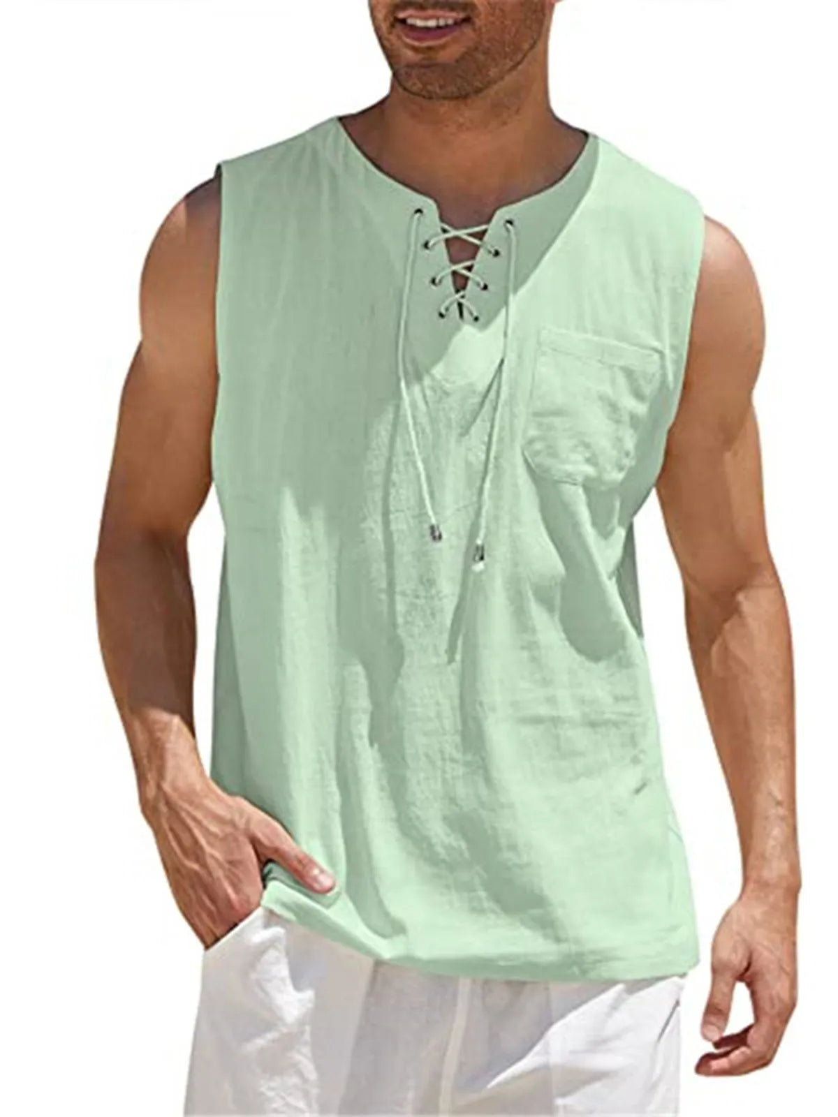Lace-Up Cotton Linen Short Sleeve T-Shirt
