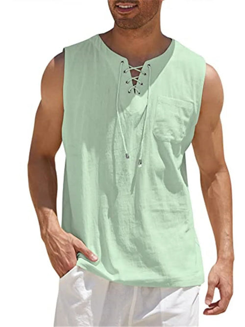 Lace-Up Cotton Linen Short Sleeve T-Shirt