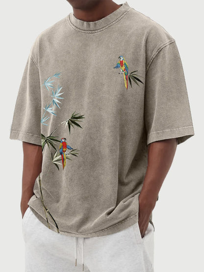 Hawaiian Bamboo Leaf And Parrot Print Short Sleeve T-Shirt