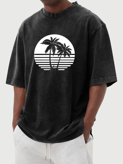 Vintage Washed Hawaiian Coconut Print Short Sleeve T-Shirt
