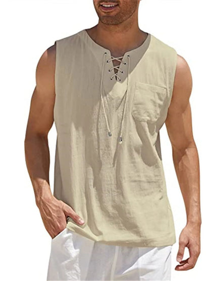Lace-Up Cotton Linen Short Sleeve T-Shirt