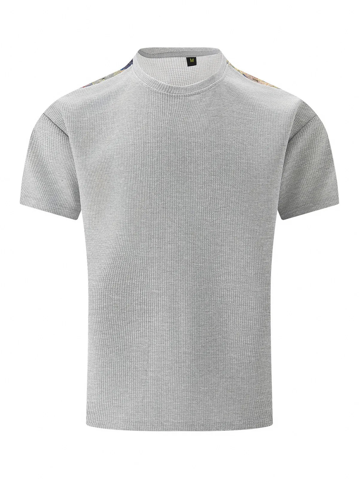 Solid Color Waffle Round Neck Patchwork Short Sleeve T-Shirt