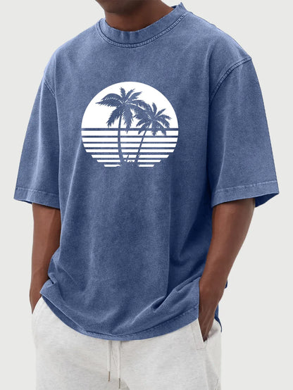 Vintage Washed Hawaiian Coconut Print Short Sleeve T-Shirt