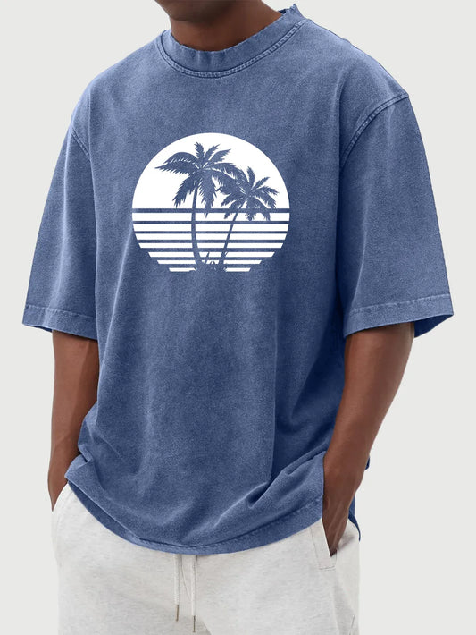 Vintage Washed Hawaiian Coconut Print Short Sleeve T-Shirt