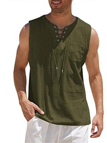 Lace-Up Cotton Linen Short Sleeve T-Shirt