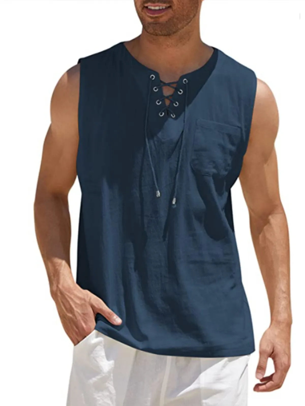 Lace-Up Cotton Linen Short Sleeve T-Shirt