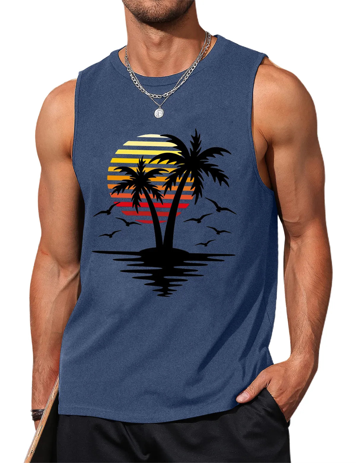Palm Tree Sleeveless Muscle Tank Top
