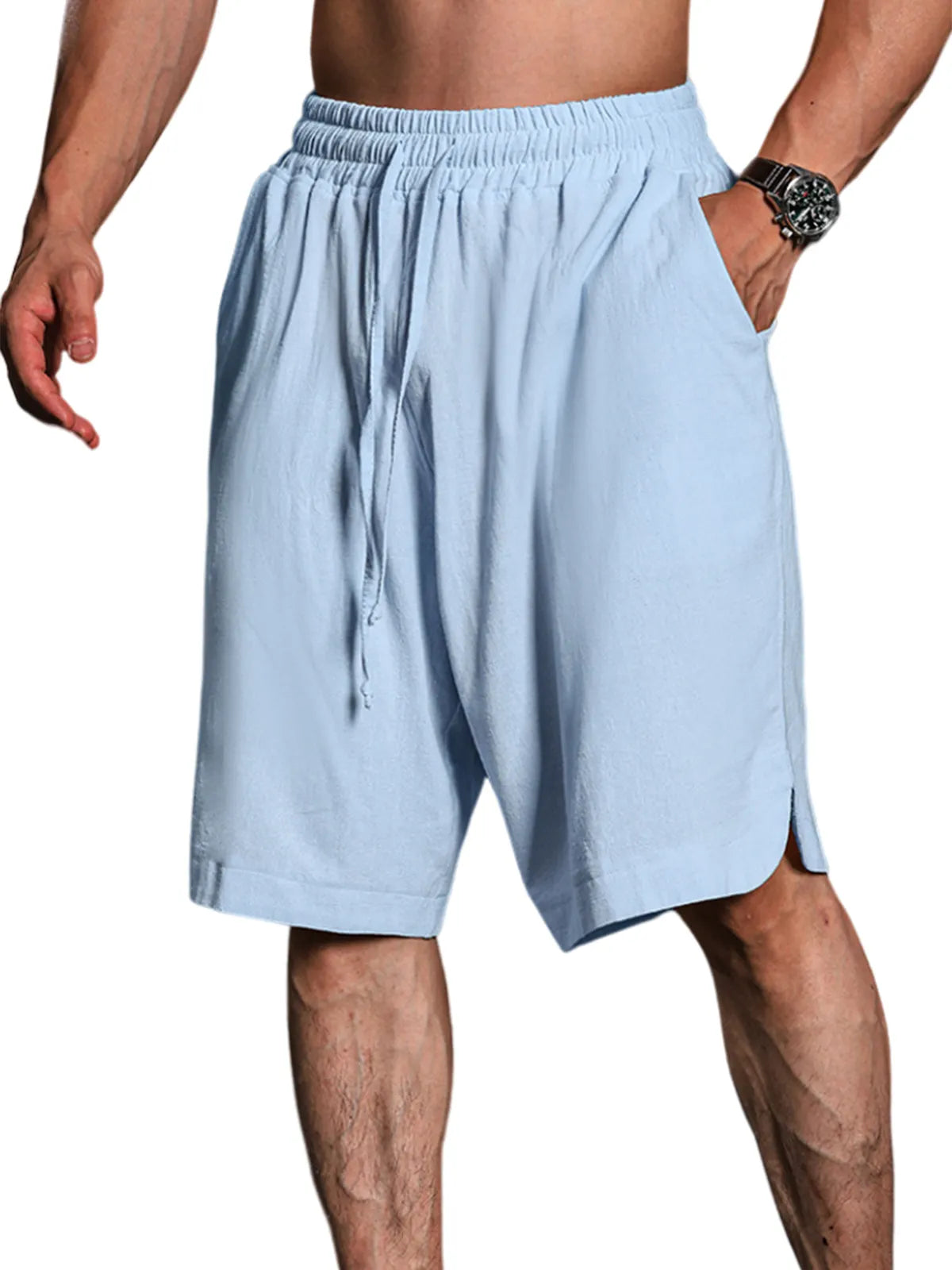 Solid Color Cotton And Linen Three-Quarter Elastic Waist Shorts
