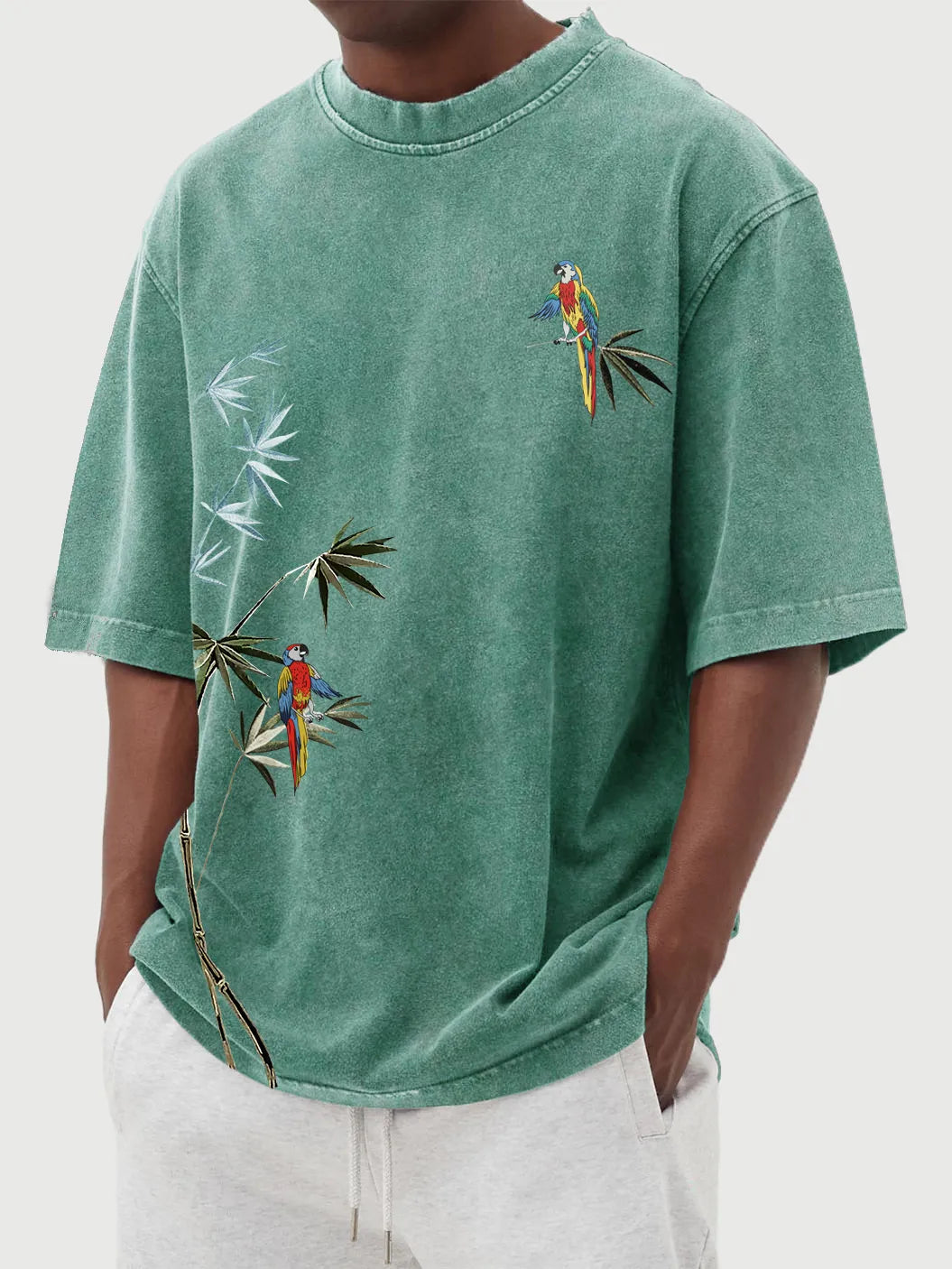 Hawaiian Bamboo Leaf And Parrot Print Short Sleeve T-Shirt