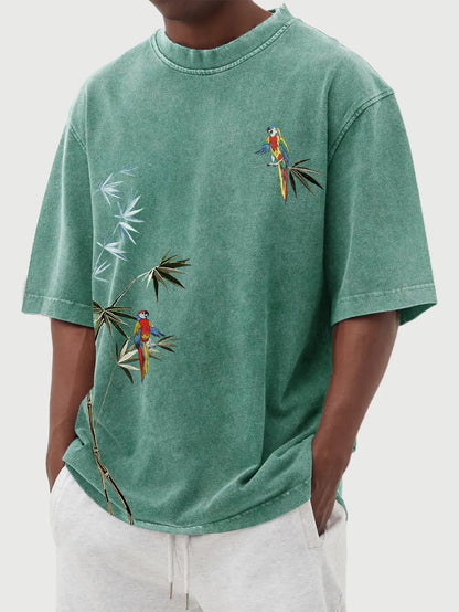 Hawaiian Bamboo Leaf And Parrot Print Short Sleeve T-Shirt