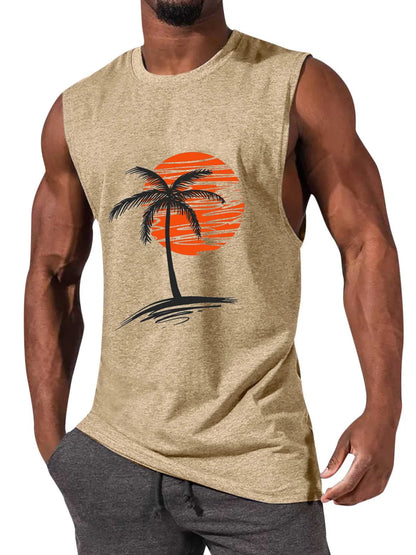 Solid Color Hawaiian Coconut Sleeveless Print T-Shirt