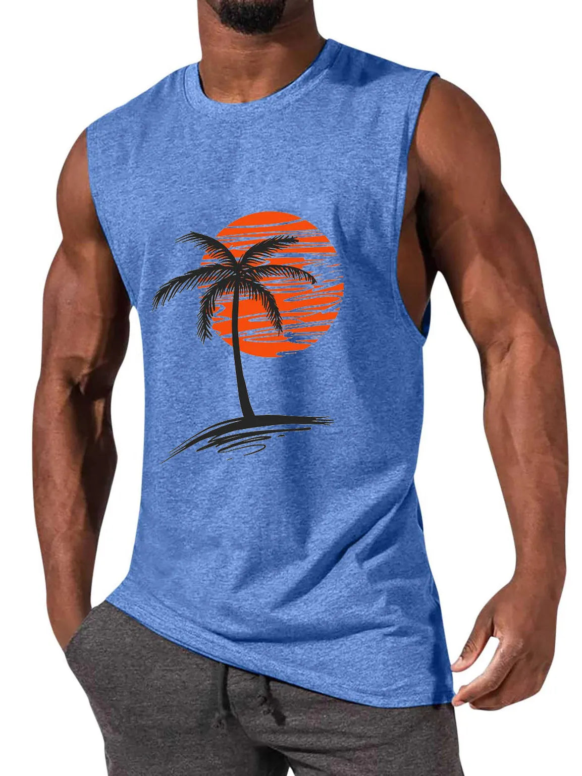 Solid Color Hawaiian Coconut Sleeveless Print T-Shirt