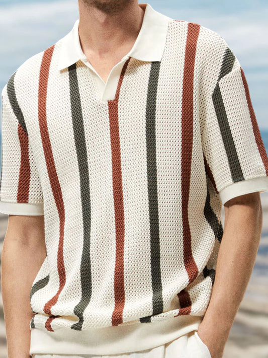 Hollow Stripe Contrast Knit Polo Shirt