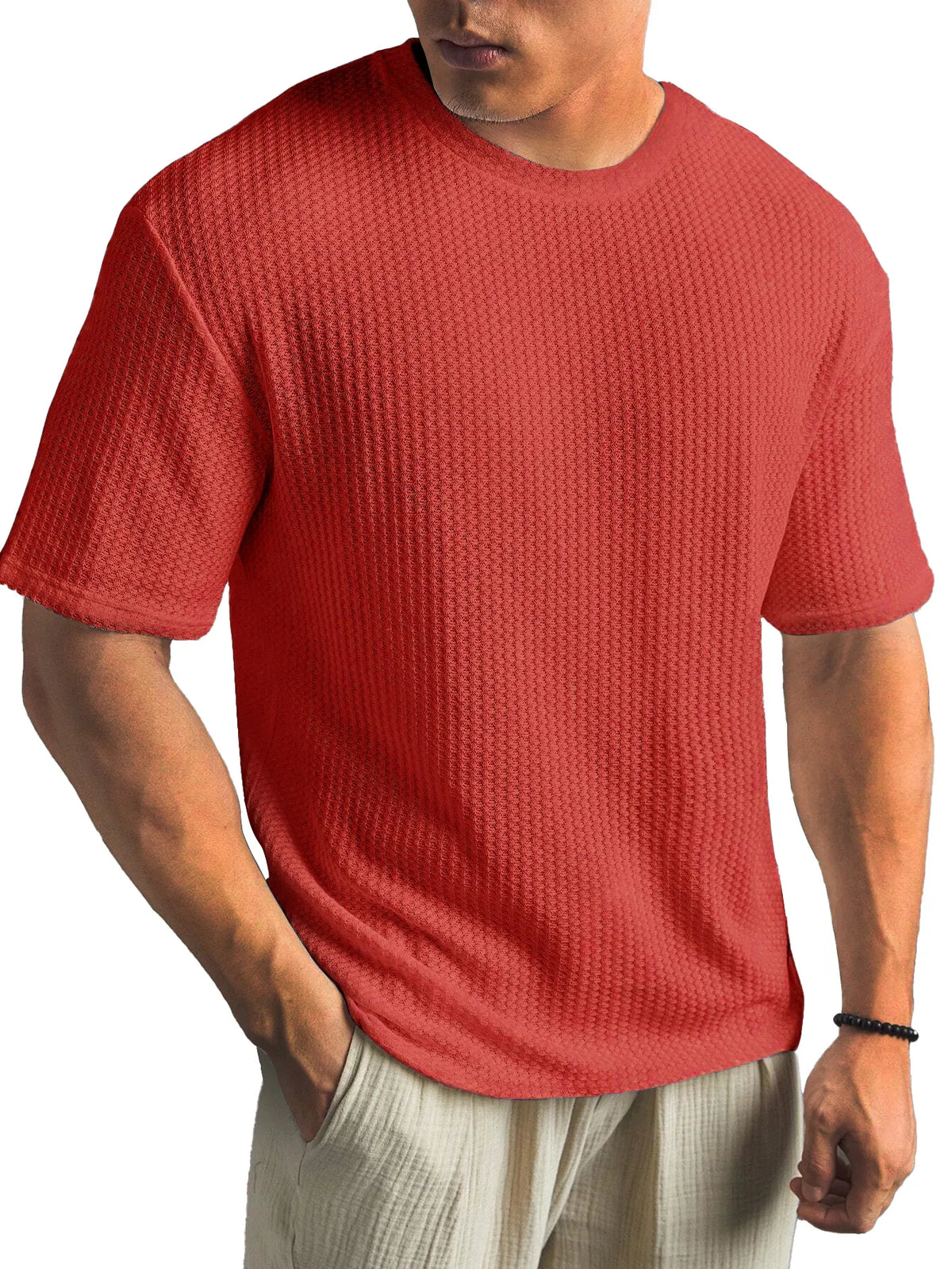 Waffle Fabric Round Neck Short Sleeve Layering T-Shirt