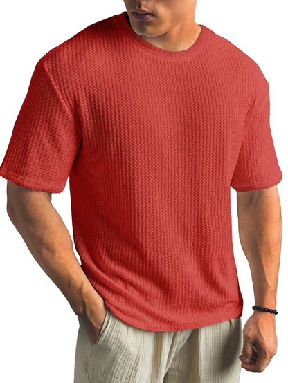 Waffle Fabric Round Neck Short Sleeve Layering T-Shirt