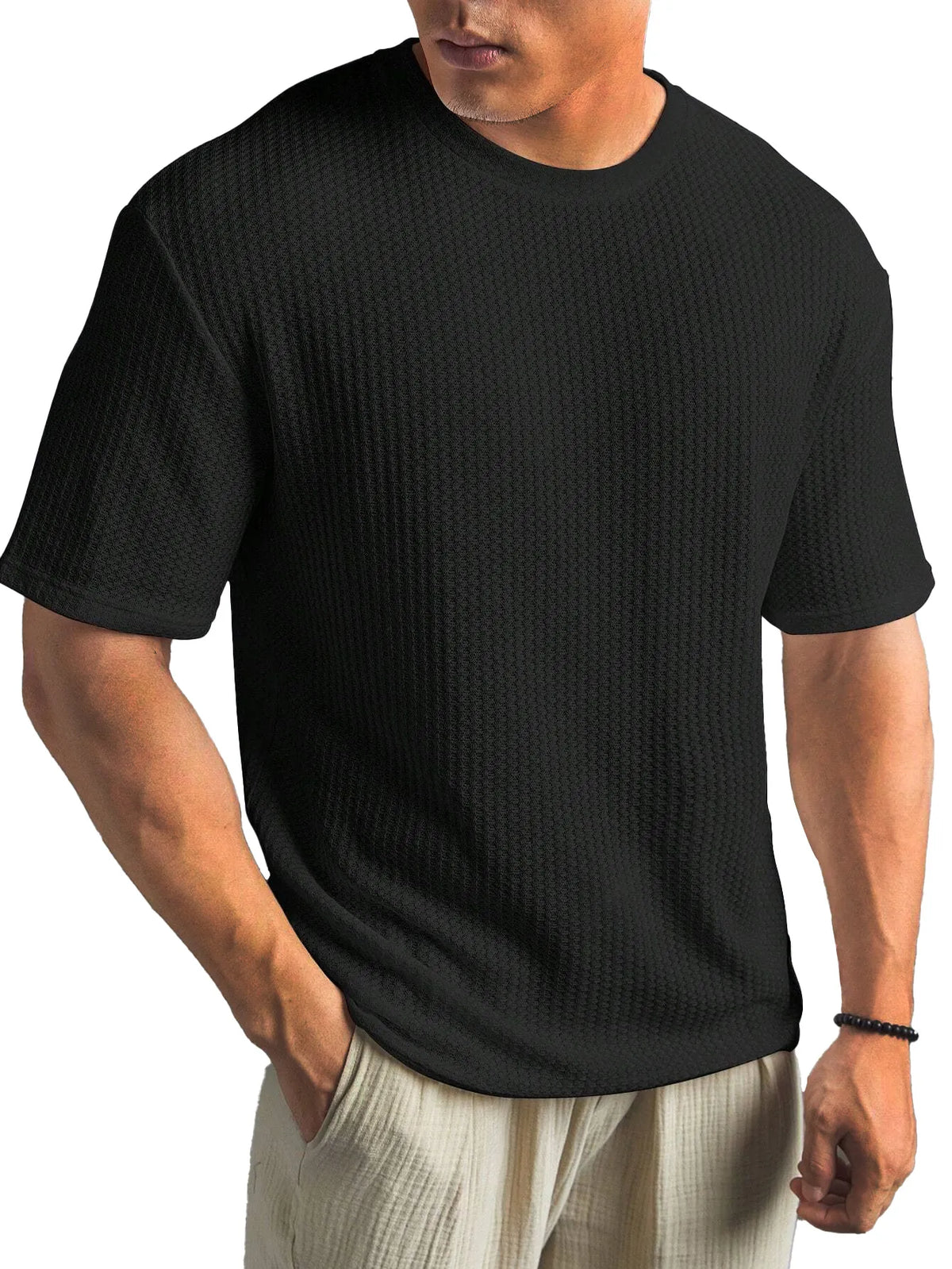 Waffle Fabric Round Neck Short Sleeve Layering T-Shirt